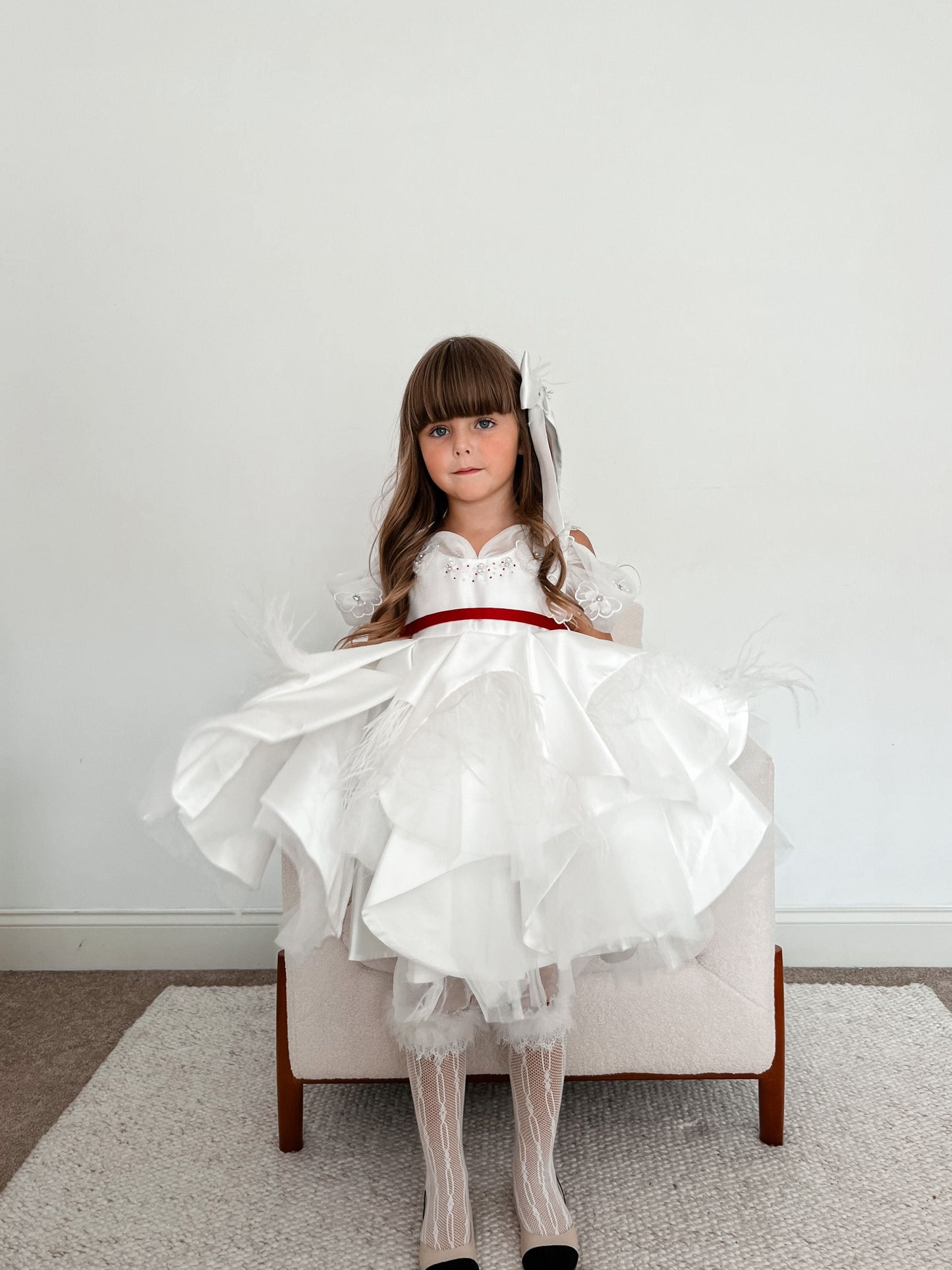 Constanza White Ceremony  Dress with Red Bow
