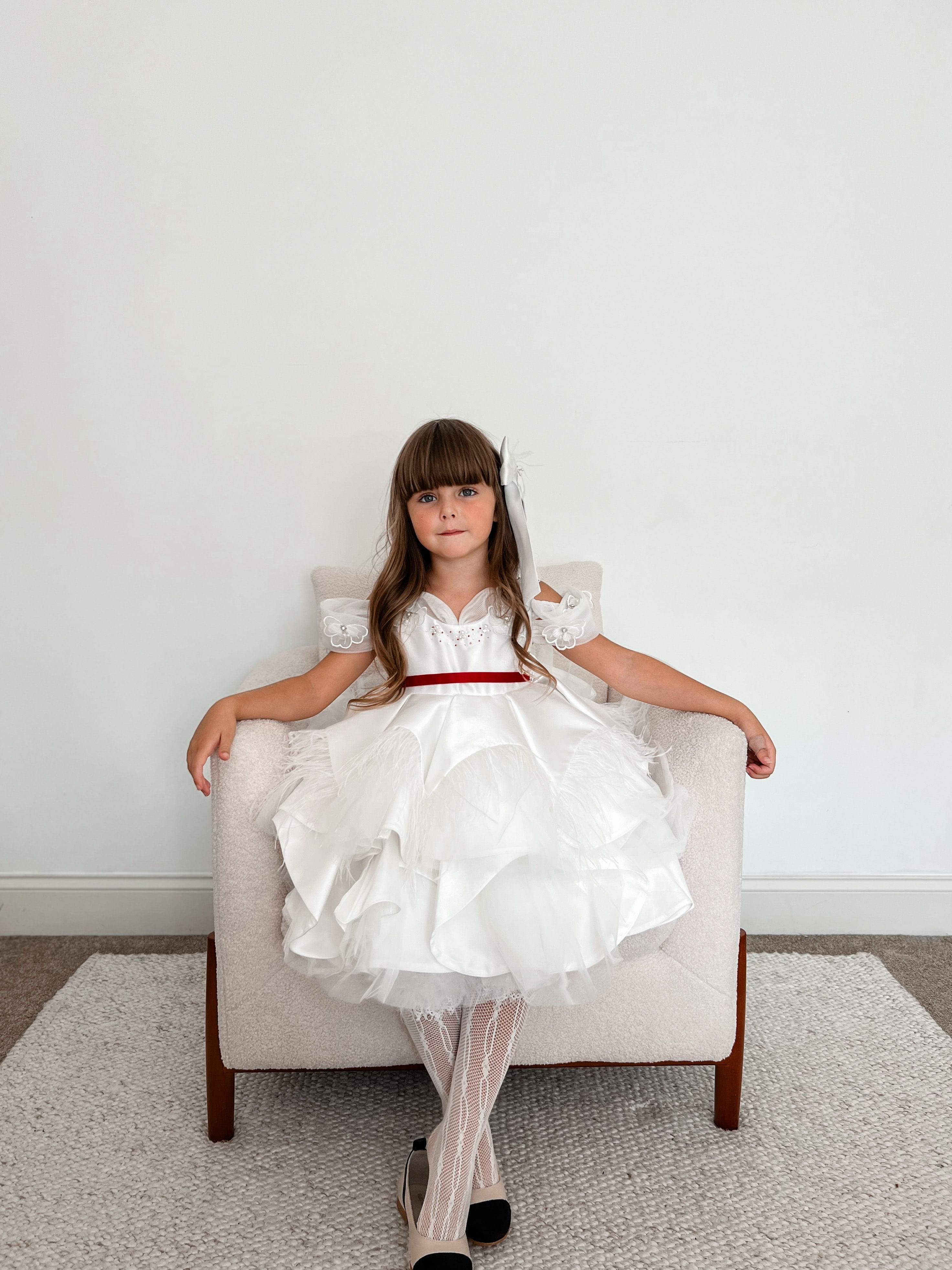 Constanza White Ceremony  Dress with Red Bow