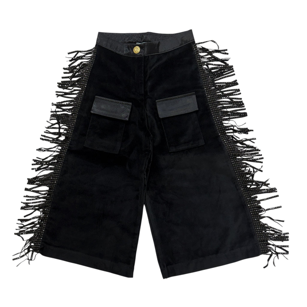 Cowboy Black Wide-Leg Cargo Pants with Fringe