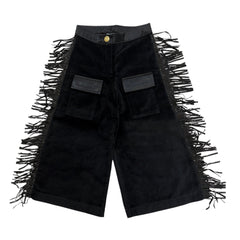 Cowboy Black Wide-Leg Cargo Pants with Fringe