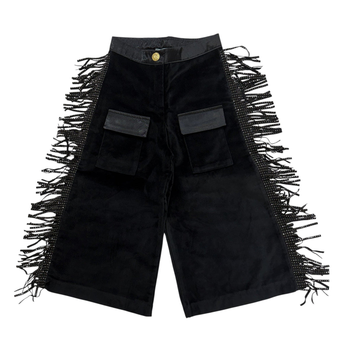 Cowboy Black Wide-Leg Cargo Pants with Fringe