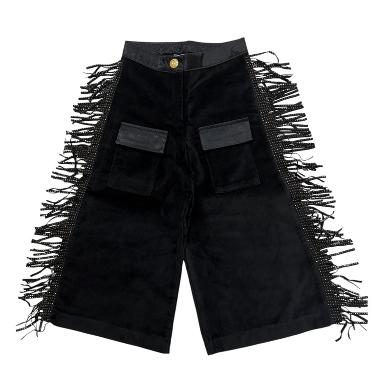 Cowboy Black Wide-Leg Cargo Pants with Fringe