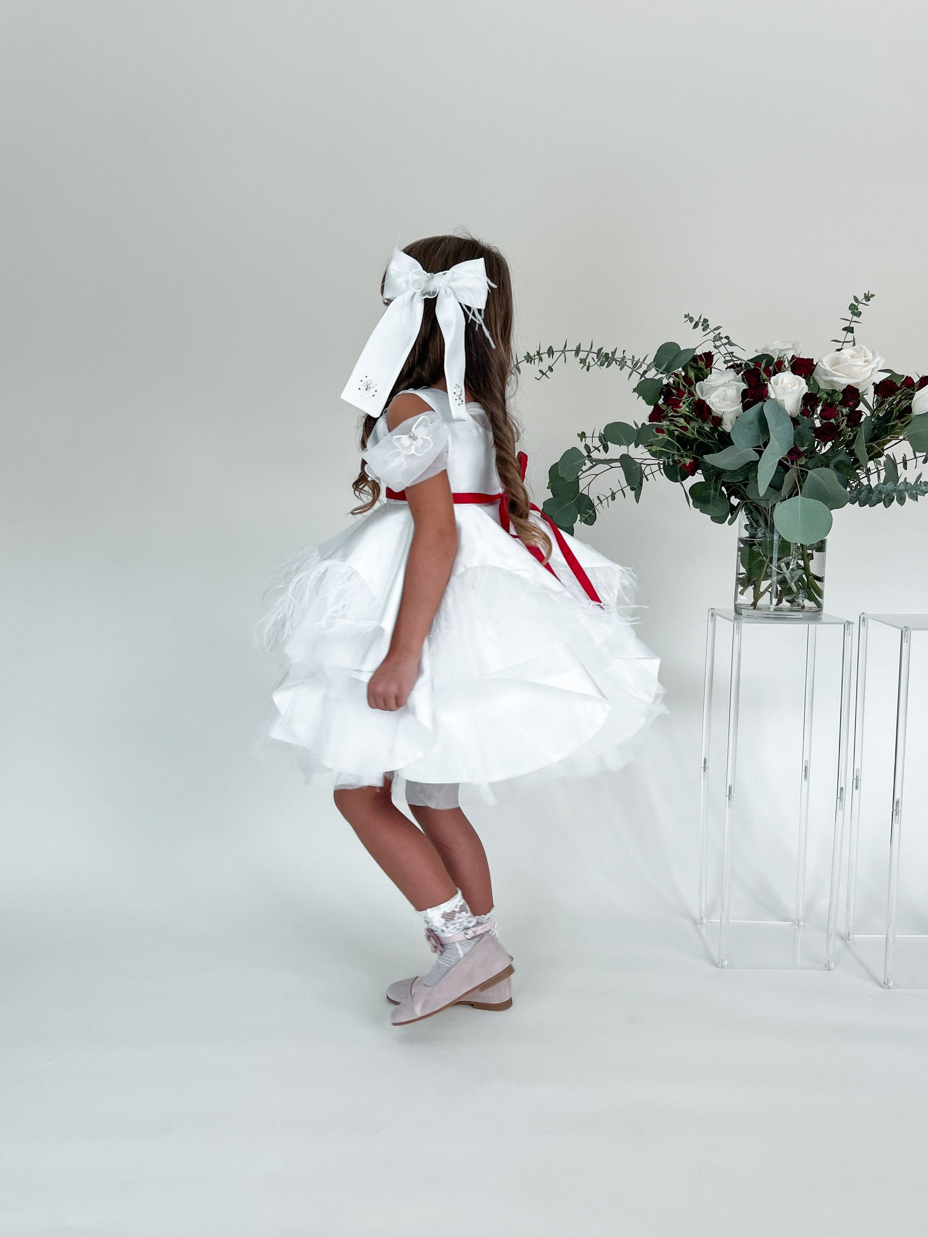 Constanza White Ceremony  Dress with Red Bow