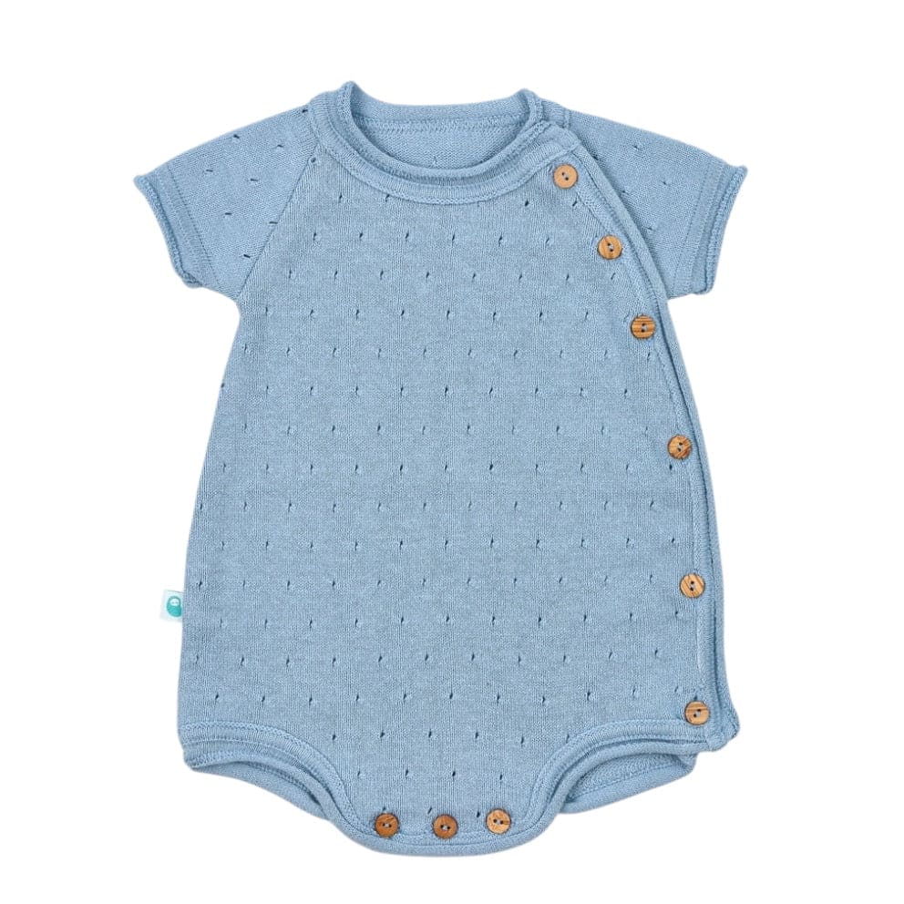 Baby Blue Short Sleeve Perforated Cotton Knit Romper