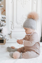 Honeycomb Grey Cashmere Beanie Hats - Pink Pom