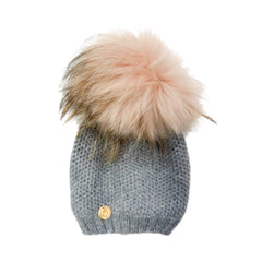 Honeycomb Grey Cashmere Beanie Hats - Pink Pom