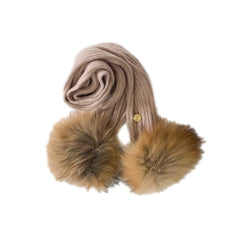 Misha Ribbed Angora Scarf Natural Fur Poms