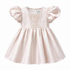 A baby girl's formal dress in pale pink satin with puffed sleeves, a textured embroidered yoke, and a flared skirt, shown against a plain white background.