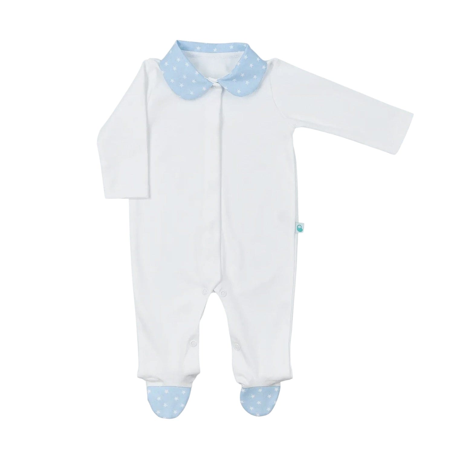 White Cotton Babygrow with Blue Collar and Feet with Stars