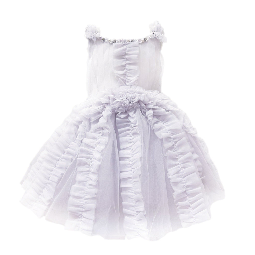 Ariel lavender tulle girls dress with six layer skirt, hand beaded pearl neckline, twisted straps, and soft cotton lining.