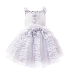 Ariel lavender tulle girls dress with six layer skirt, hand beaded pearl neckline, twisted straps, and soft cotton lining.