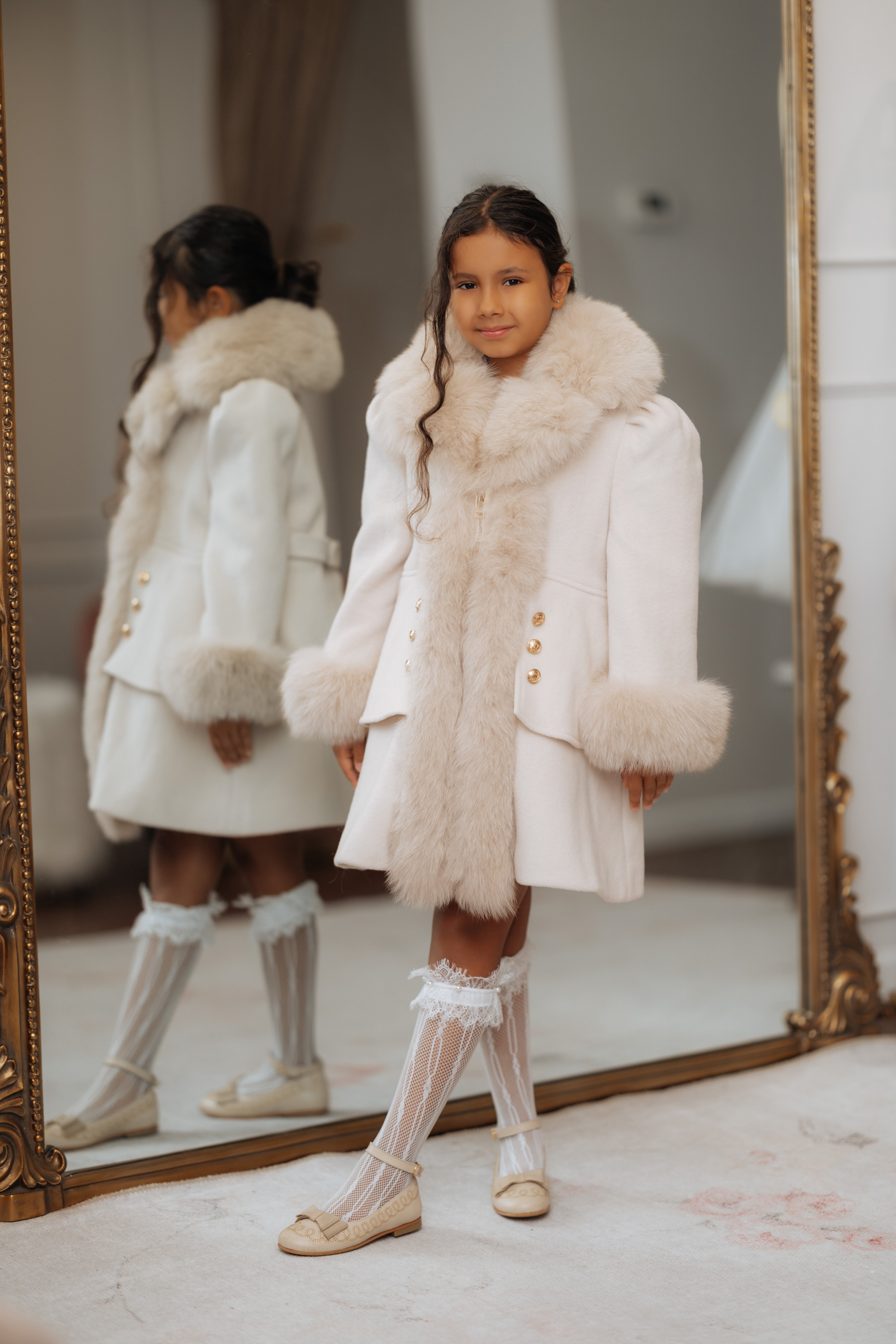 Greta Beige Wool Fur Coat for Girls