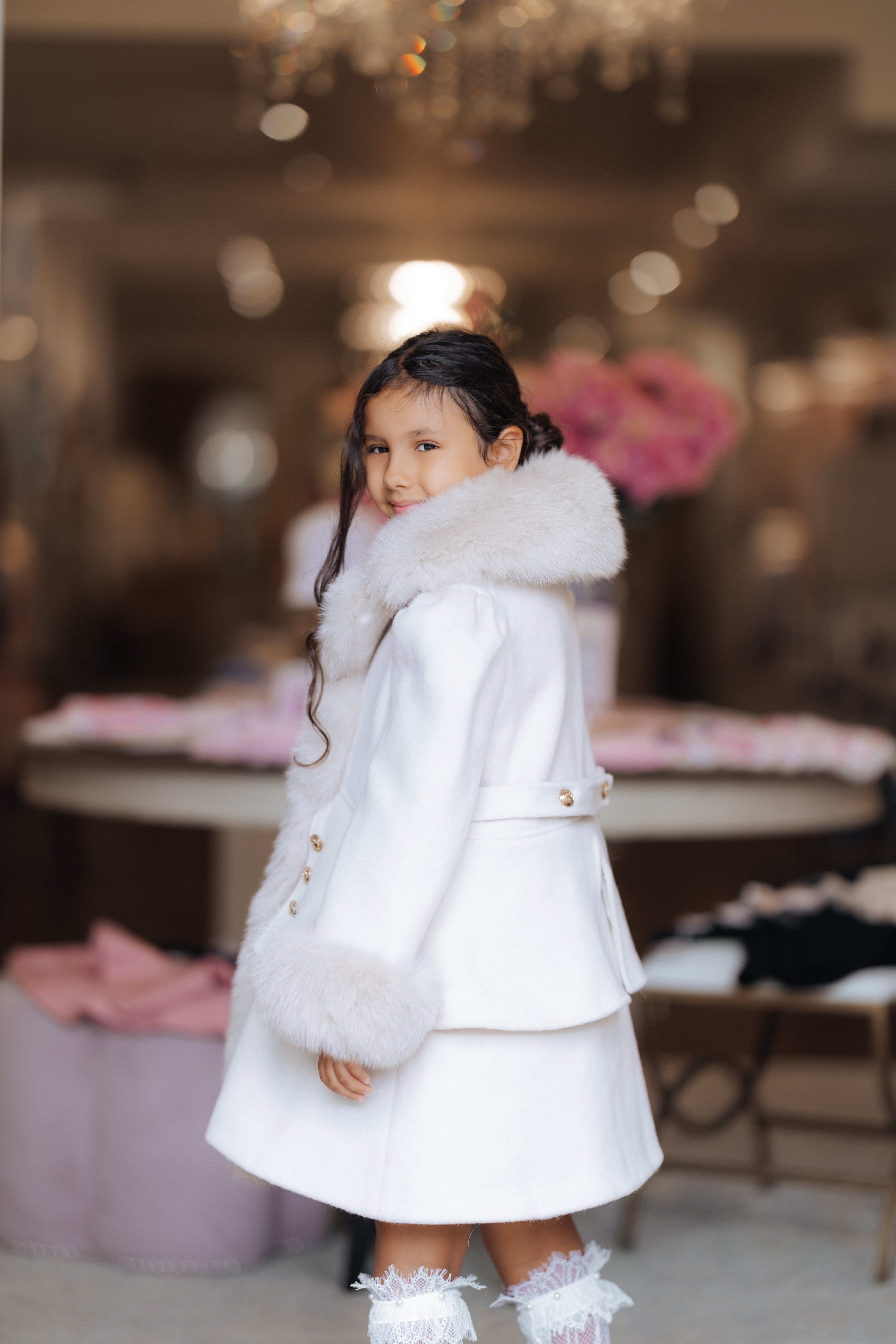 Greta Beige Wool Fur Coat for Girls