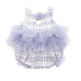 Lavender violet tweed and tulle romper for girls featuring a soft tulle tutu, back criss cross straps, side zipper closure, and snap bottom for easy diaper changes.