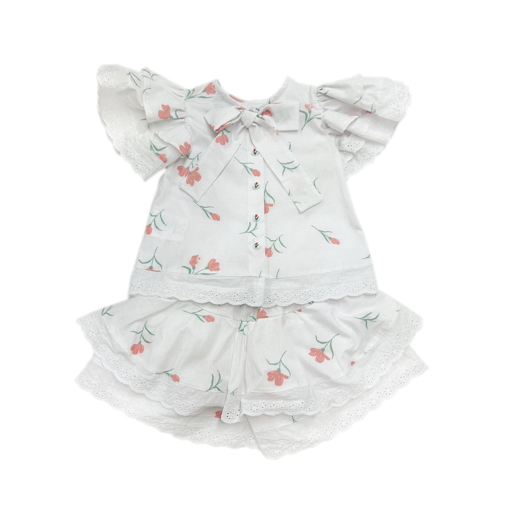 Tulip cotton blouse and shorts set with red floral print and lace trim. Lightweight two piece outfit perfect for spring and warm days.