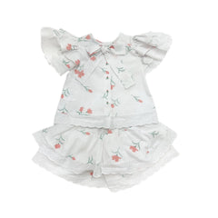 Tulip cotton blouse and shorts set with red floral print and lace trim. Lightweight two piece outfit perfect for spring and warm days.