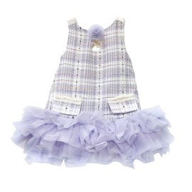 Violet tweed and tulle girls dress with lavender fitted bodice, tulle flower accent, criss cross back, voluminous skirt, and cotton lining.