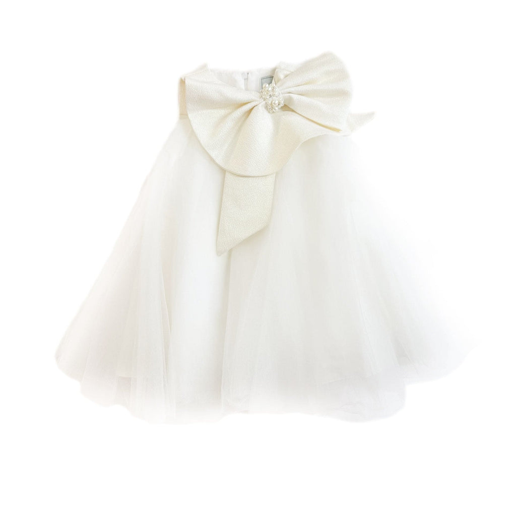 White layered tulle girls dress with oversized jacquard bow collar, rhinestone and faux pearl detailing, A line silhouette, and soft lining.