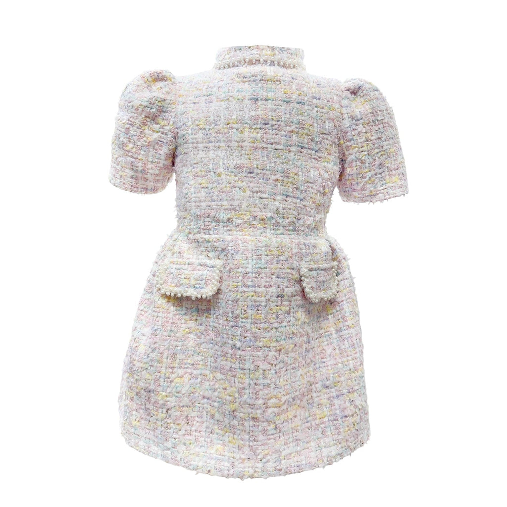 Yellow tweed girls dress with subtle shimmer, short sleeves, knee length silhouette, cotton lining, and back zipper closure for Easter and special occasions.