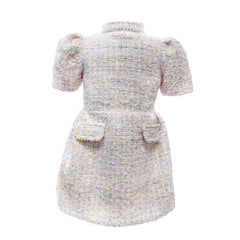 Yellow tweed girls dress with subtle shimmer, short sleeves, knee length silhouette, cotton lining, and back zipper closure for Easter and special occasions.