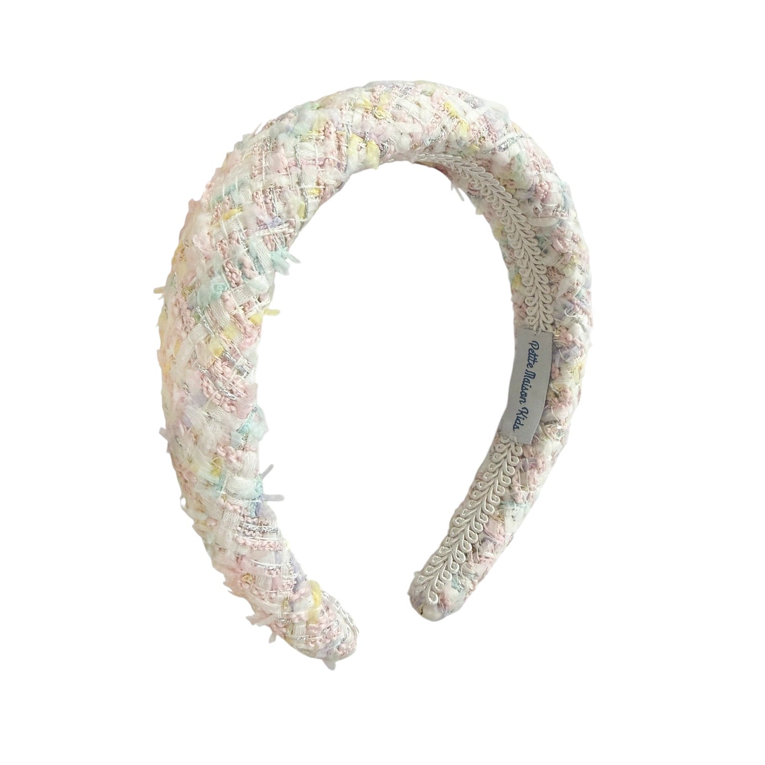 Yellow tweed girls headband with subtle shimmer accents and soft fabric lining, designed to match the Meadow Yellow Tweed Dress for special occasions.