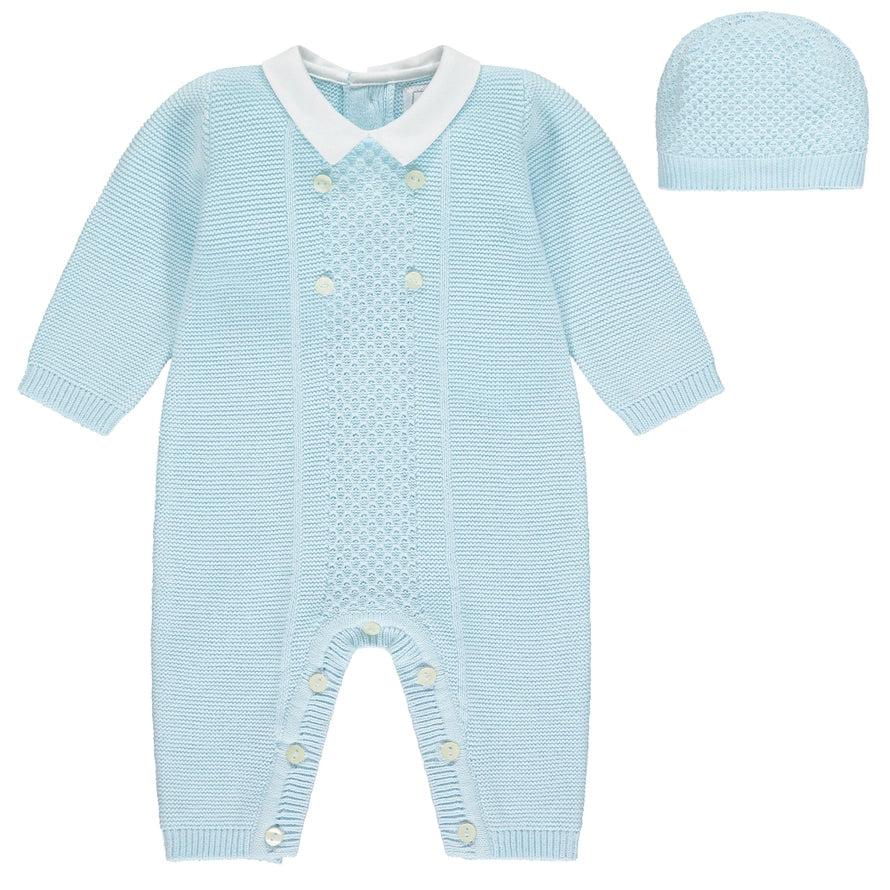 Drew Blue Cotton Knit Babygrow and Hat Set