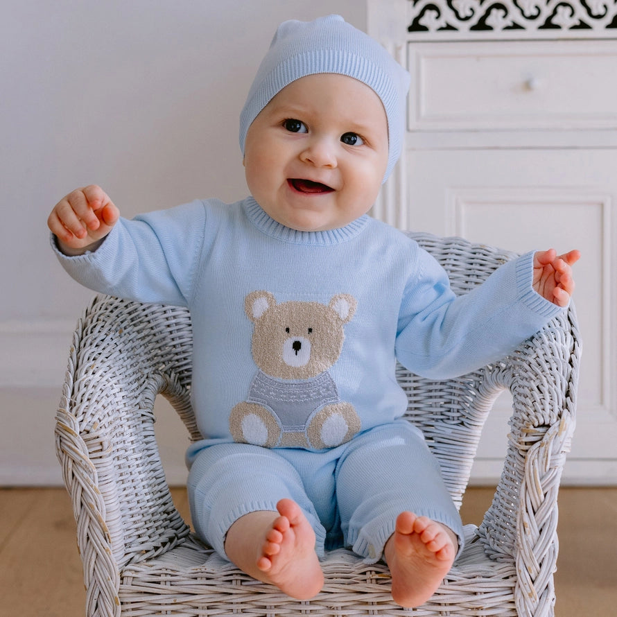 Easton Blue Knit Bear Babygrow and Hat Set