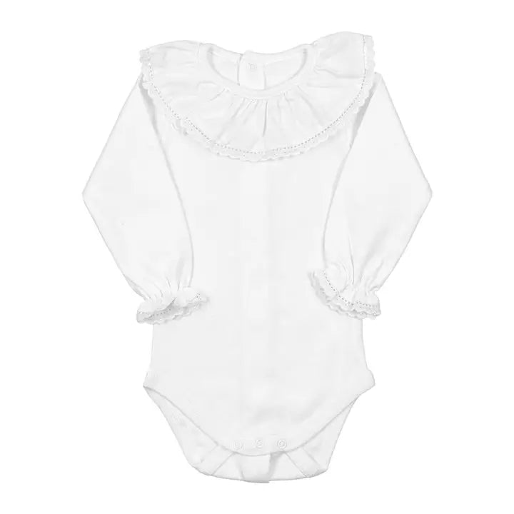 White Cotton Baby Bodysuit Onesie with English Embroidered Hem Collar and Long Sleeves