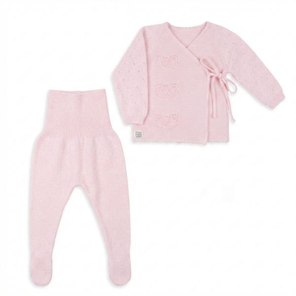 Pink Openwork Point Cotton Set with Embossed Teddy Bears