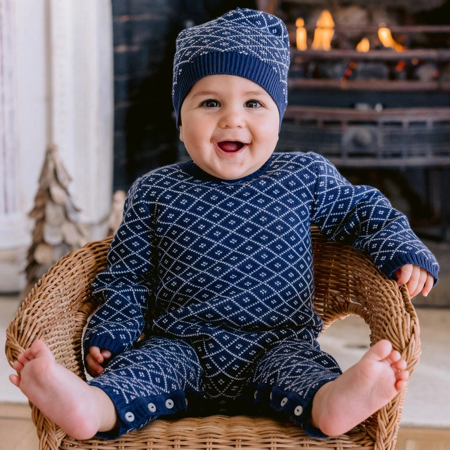 Everett Navy Chevron Knit All in One Babygrow and Hat Set