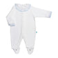 Baby White Cotton Babygrow with Baby Blue Swiss Dot Ruffle Collar