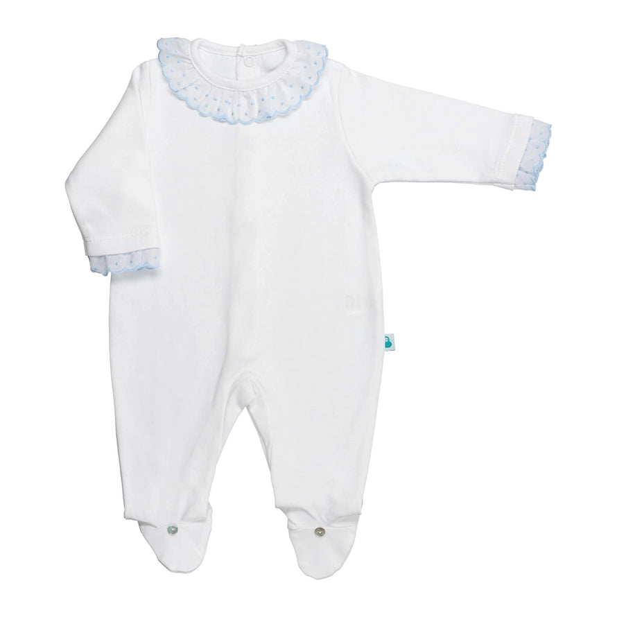 Baby White Cotton Babygrow with Baby Blue Swiss Dot Ruffle Collar