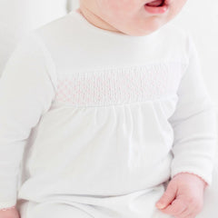 White Smocked Footie – Baby Girl Pima Cotton Coming Home Outfit