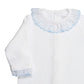 Baby White Cotton Babygrow with Baby Blue Swiss Dot Ruffle Collar