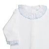 Baby White Cotton Babygrow with Baby Blue Swiss Dot Ruffle Collar