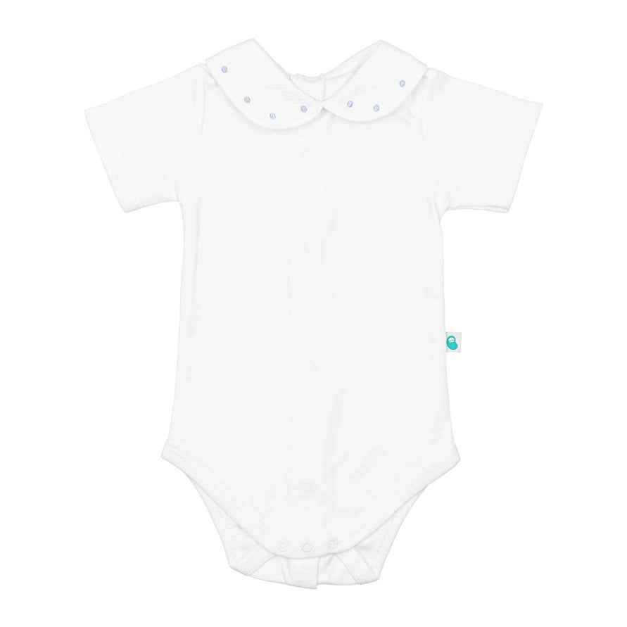 White Cotton Baby Bodysuit Onesie with Piqué Collar and Short Sleeves