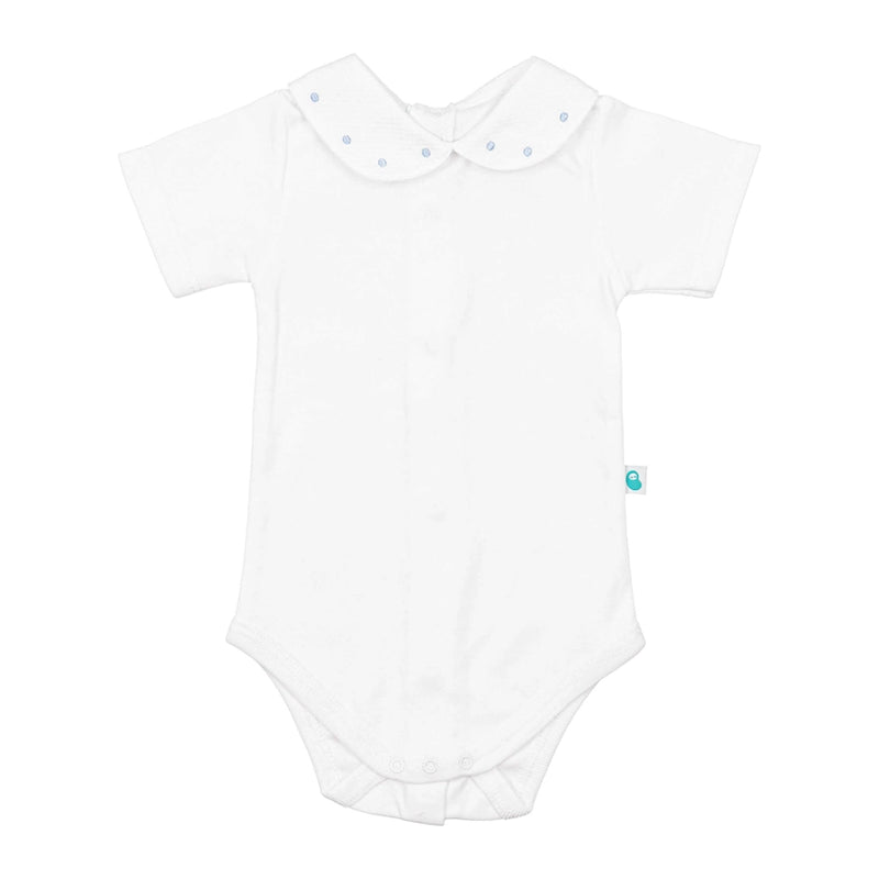 White Cotton Baby Bodysuit Onesie with Piqué Collar and Short Sleeves