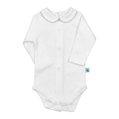 White Bodysuit Long Sleeve Onesie with Baby Blue Stitch Collar