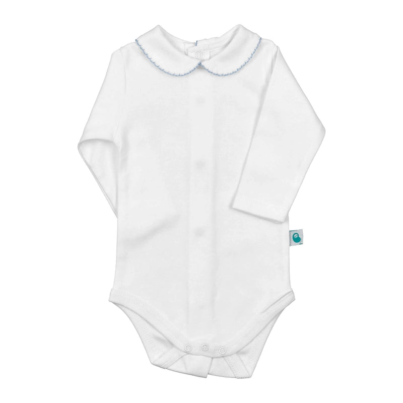 White Bodysuit Long Sleeve Onesie with Baby Blue Stitch Collar