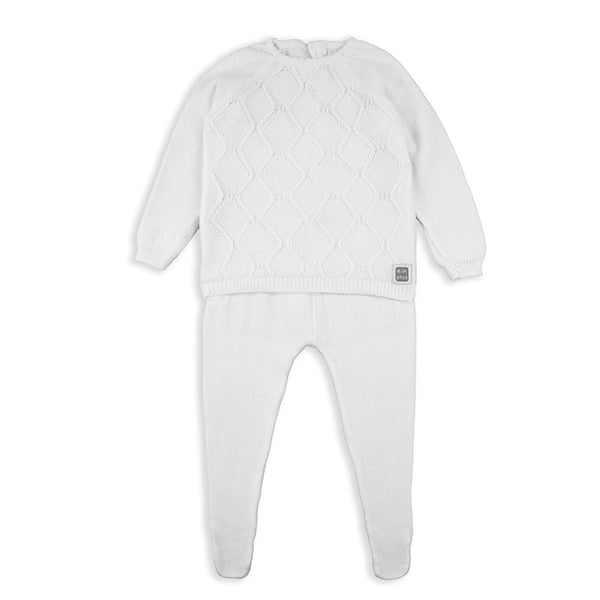 White Knitted Diamond Print Cotton Baby Set