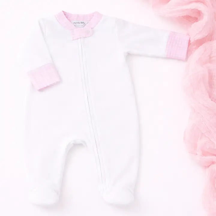 White Pima Cotton Zip Footie with Pink Mini Check Trim
