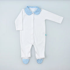 White Cotton Babygrow with Blue Collar and Feet with Stars