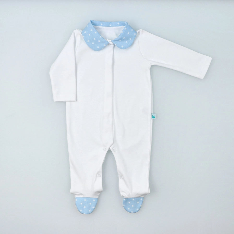 White Cotton Babygrow with Blue Collar and Feet with Stars