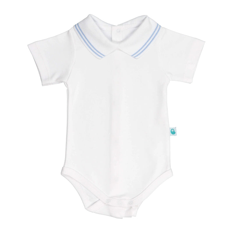 White Cotton Baby Bodysuit Onesie with Polo-Style Collar & Short Sleeves