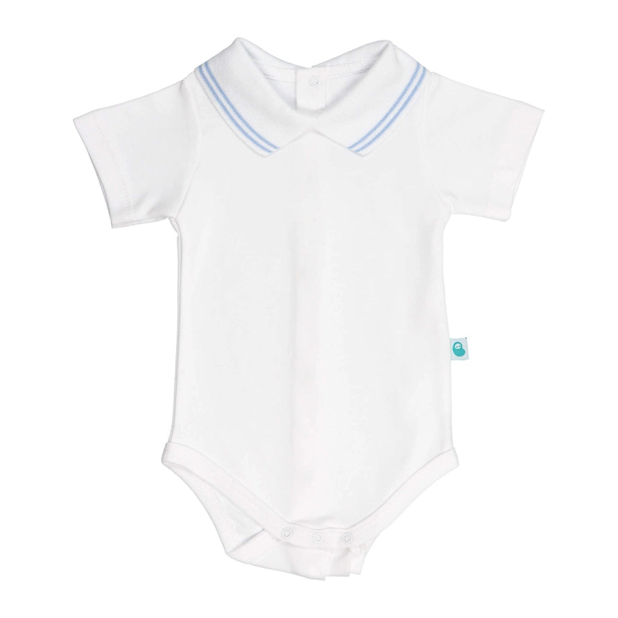 White Cotton Baby Bodysuit Onesie with Polo-Style Collar & Short Sleeves