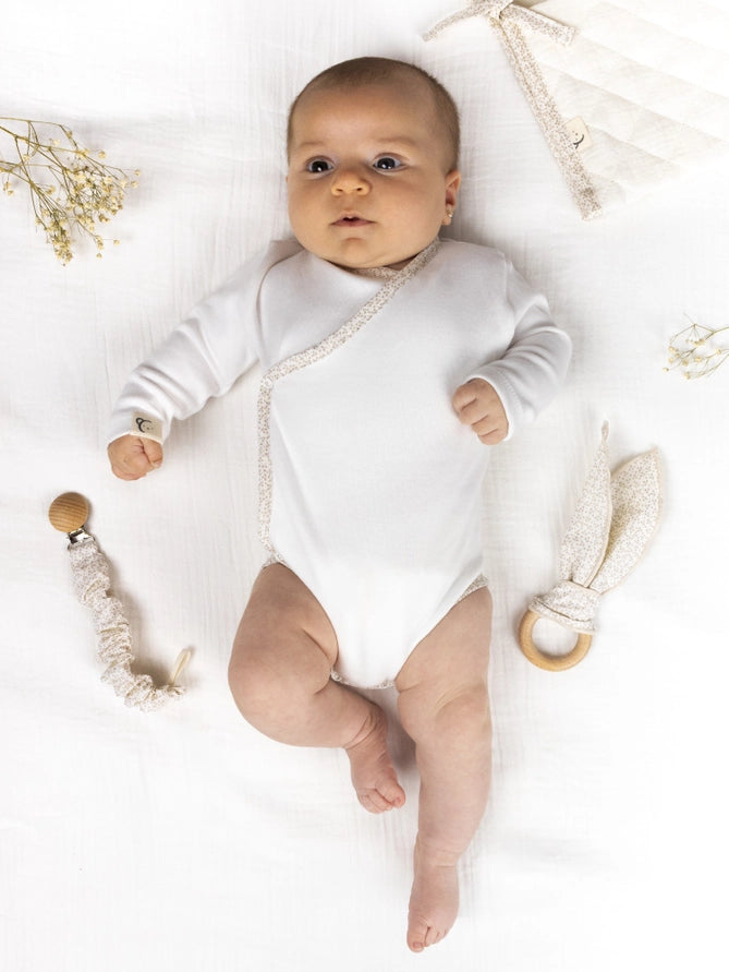 White Baby Bodysuit with Honey Trim – 100% Cotton Newborn Onesie