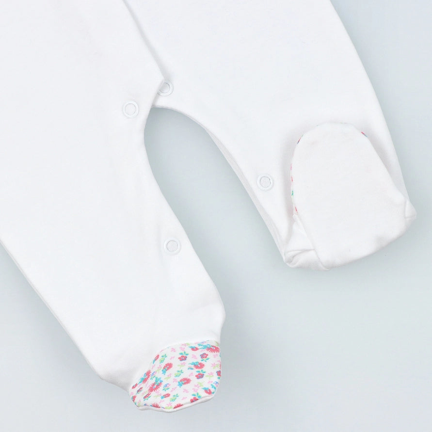 Baby White Cotton Babygrow with Floral Fabric Ruffle Collar