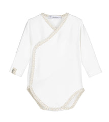 White Baby Bodysuit with Honey Trim – 100% Cotton Newborn Onesie