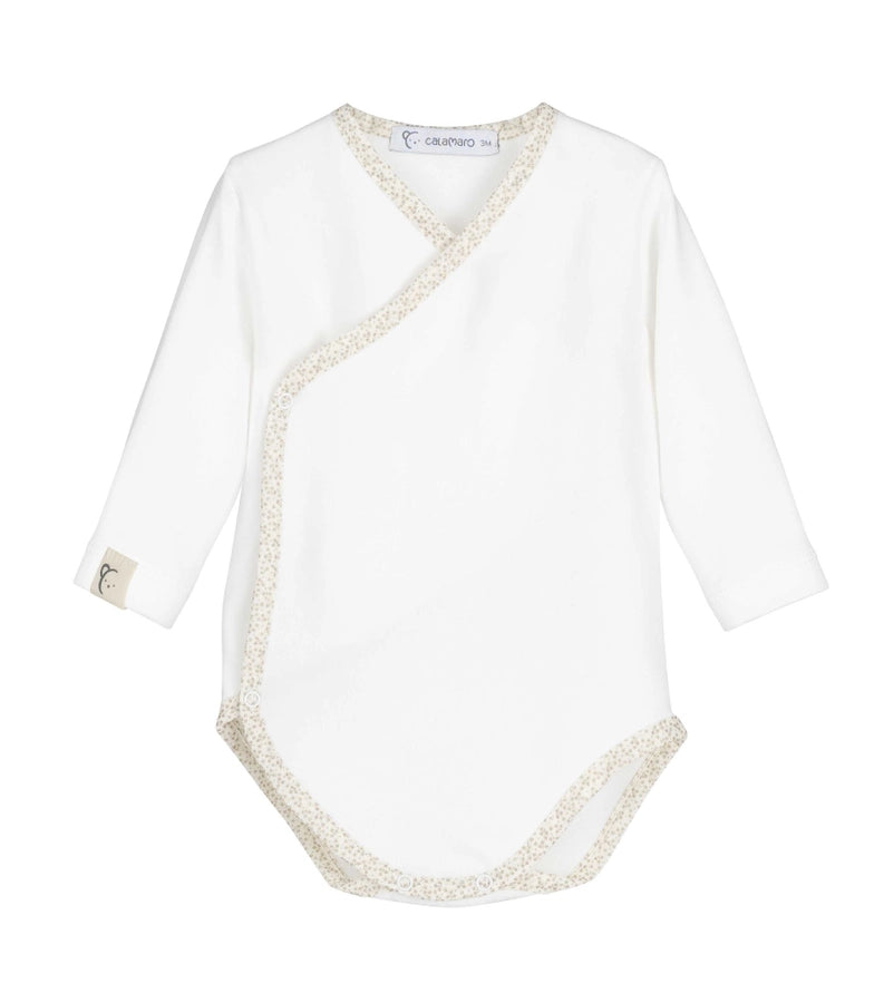 White Baby Bodysuit with Honey Trim – 100% Cotton Newborn Onesie