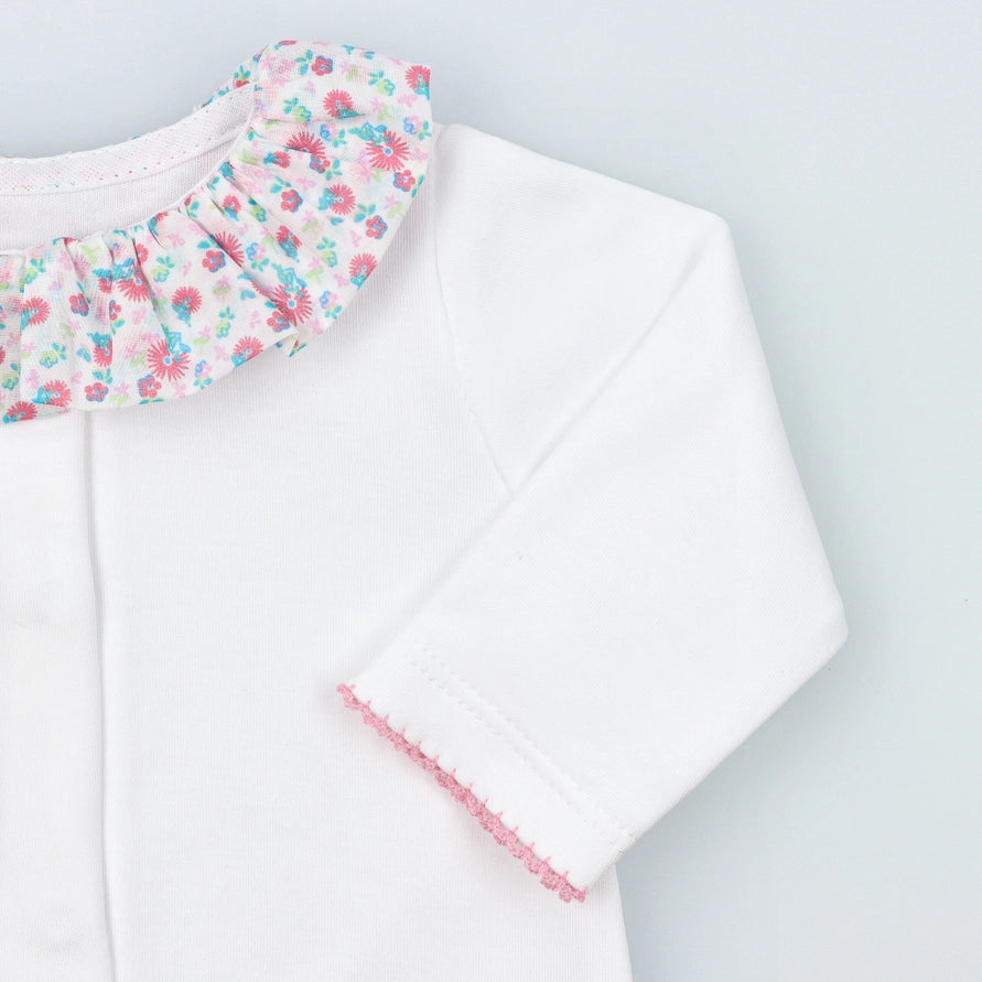 Baby White Cotton Babygrow with Floral Fabric Ruffle Collar